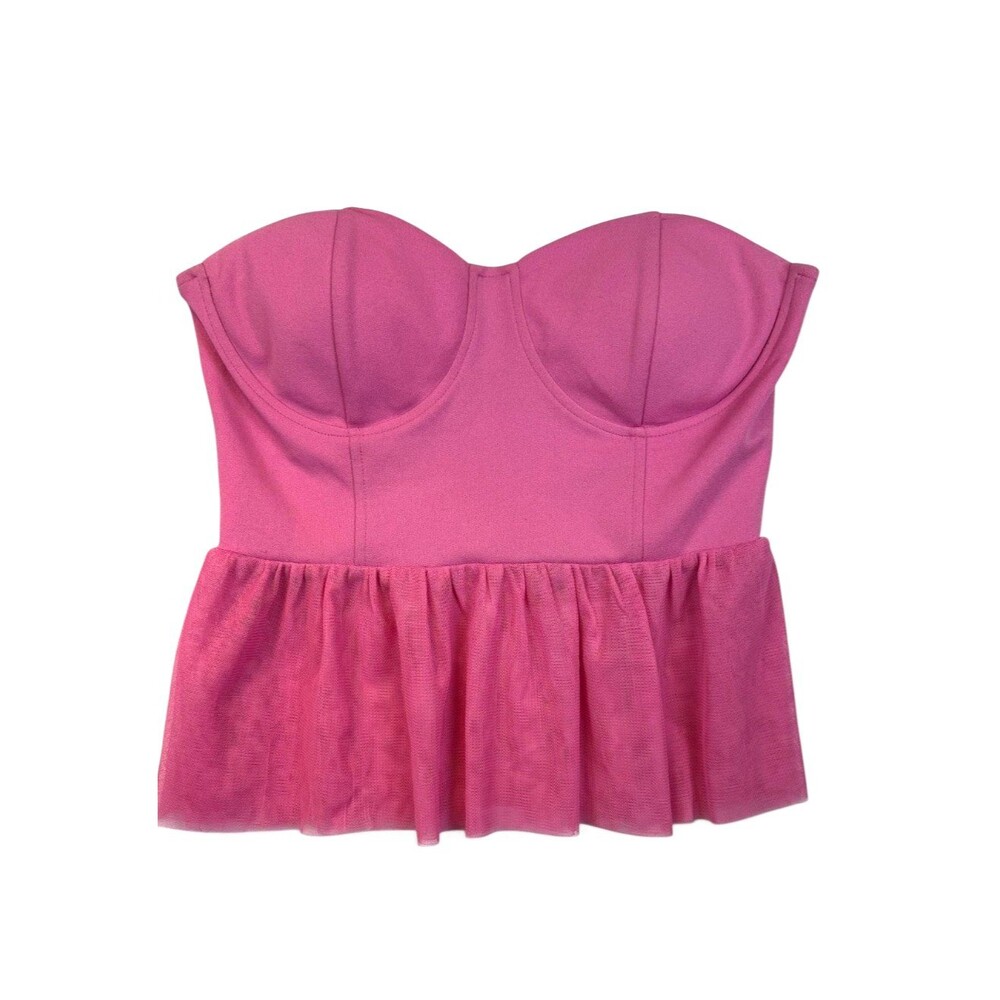 Sincerely Jules Hot Pink Small Strapless Tulle Peplum Top Bustier Mesh Ruffle